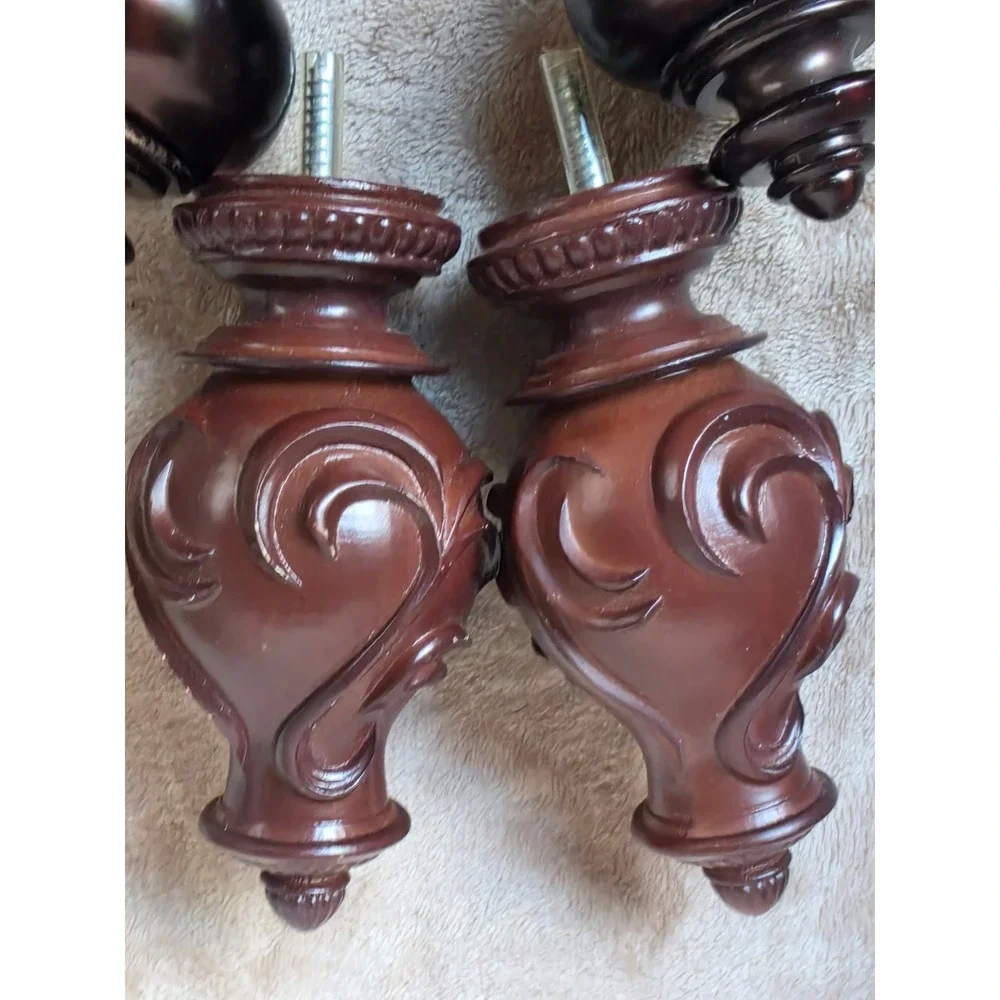 4pc Decorative Curtain Rod Finials Lot Carved Wood Scroll & Dark Bronze Metal